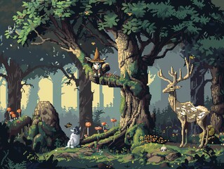 A mystical pixel forest with magical creatures and ancient trees