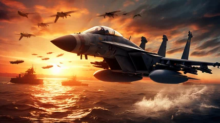 Foto op Plexiglas Dynamic scene of a jet fighter maneuvering above a naval warship during a sunset, highlighting military preparedness © PARALOGIA