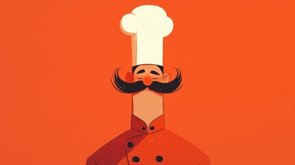 An illustration of a trendy and modern flat style design features a chef icon sporting a mustache set against a vibrant red background
