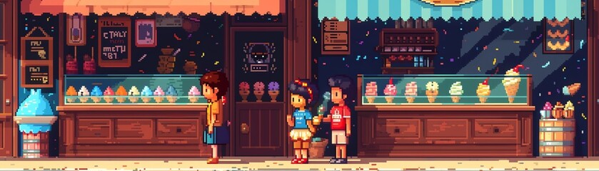 A pixel art ice cream parlor, variety of flavors, happy kids