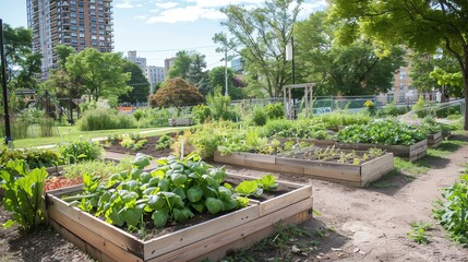 A community garden with raised beds full of lush green vegetables and flowers.