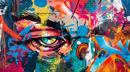 A close-up of a graffiti-covered wall with an eye and colorful abstract shapes.
