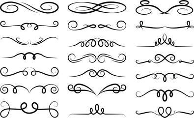 Swirl ornament icon in line set. curls, divider and filigree ornaments graphic elements for design vector for apps or web decorative Classic calligraphy swirls isolated on transparent background - obrazy, fototapety, plakaty