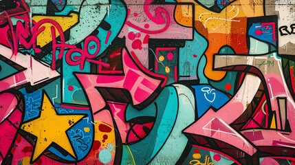 A colorful graffiti mural covers a concrete wall. The graffiti is made up of various shapes,...