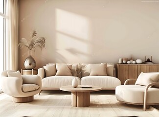 Beige modern interior of living room with beige sofa
