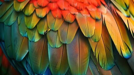 Colorful parrot feathers close up. Bright parrot feathers. Tropical bird feathers texture. Scarlet macaw feathers. Rainbow-colored feathers.