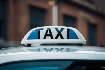Urban transportation detail closeup of checkered taxi sign atop car