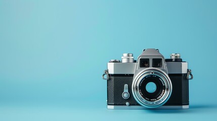 A vintage camera with a blue background. The camera is in the center of the image and is in focus.