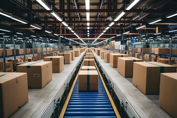 Fototapeta premium view Cardboard box packages moving along conveyor belt in fulfillment center