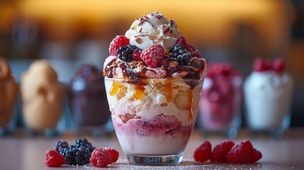 Gourmet ice cream sundae with layers of different toppings. AI generate illustration
