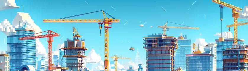 Fotobehang Pixel art construction site, builders, cranes, and ongoing work © sukrit