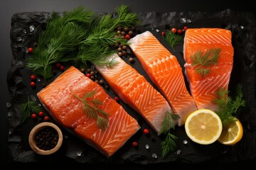 Raw salmon fillet and cooking ingredients with seasonings and herbs on dark background, top view