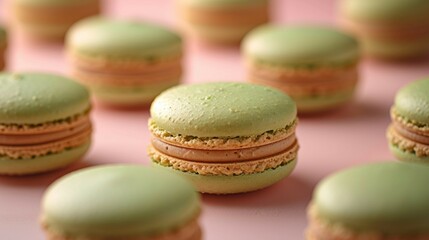 Fototapeta na wymiar Pistachio macarons on a clean surface and light background. AI generate illustration