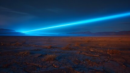 Desert Night Illuminated by a Stark Blue Ray. Concept Landscape Photography, Night Time, Light Painting, Color Contrast, Desert Adventure