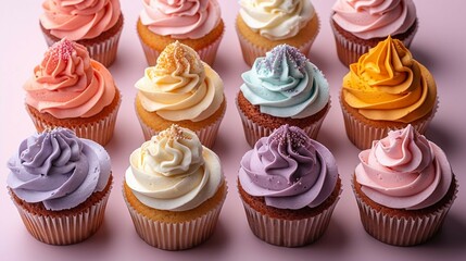 Vanilla cupcakes with pastel frosting, a top-down view. AI generate illustration