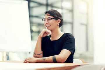 Woman, office and thinking with smile for idea in meeting for startup company at desk with vision....