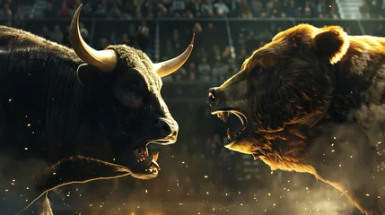 Foto op Canvas stock trading, bullish bull fighting bearish bear in stock market arena, Wall Art Design for Home Decor, 4K Wallpaper and Background for Mobile Cell Phone, Smartphone, Cellphone, desktop Computer © YOAQ