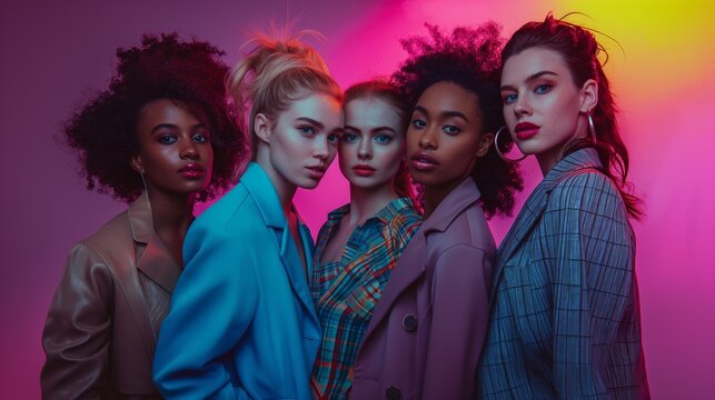 Five mixed race fashion women standing in front of a pink background and wearing colorful jackets