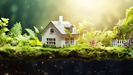 House in forest with greenery around, modern energy efficiency construction