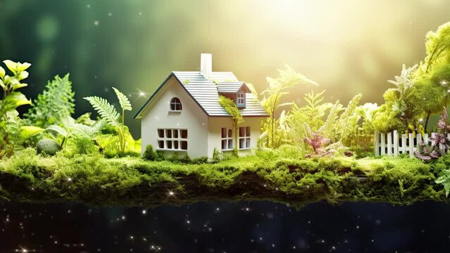 House in forest with greenery around, modern energy efficiency construction