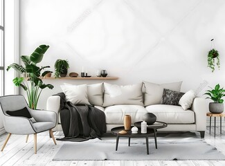 Beige sofa with a black knitted blanket and a grey armchair standing in a white living room...