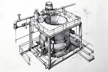 Drawing of a device. Black and white drawing of a mechanical device in isometric perspective. The particular device is an induction furnace for nickel metallurgy, an insulated crucible surroun. .