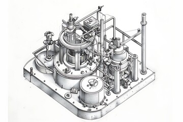 Drawing of a device. Black and white drawing of a mechanical device in isometric perspective. The particular device is an induction furnace for nickel metallurgy, an insulated crucible surrounde - obrazy, fototapety, plakaty