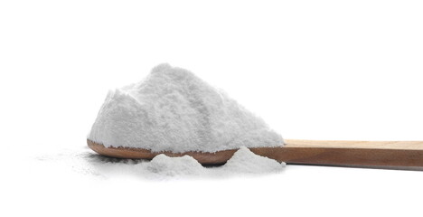 Sodium carbonate in wooden spoon, pile baking soda isolated on white