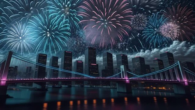 Beautiful fireworks illustration, night sky over cityscape and bridge.