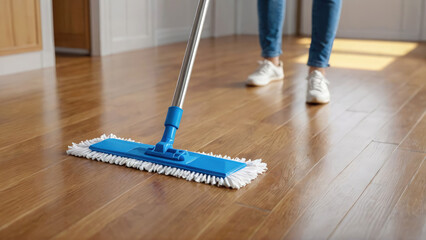 Modern blue mop with microfiber standing on the wooden parquet floor. Process of cleaning room. Concept supporting house hygiene. Household chores. Clear surface. Close-up.