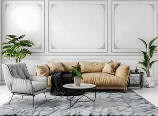 Beige sofa with a black knitted blanket and a grey armchair standing in a white living room...