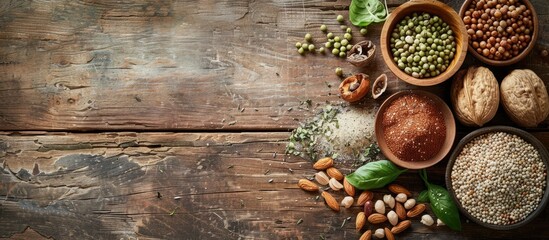 Vegan protein sources displayed on a wooden background with space for text.
