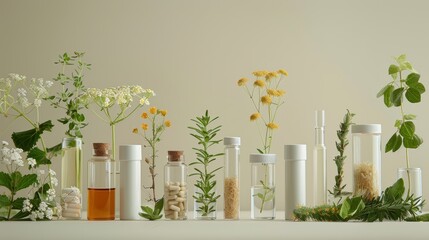 Variety of homeopathic remedies in glass vials with medicinal herbs and flowers. Concept of alternative medicine, organic apothecary, herbal extracts, homeopathy, naturopathy.