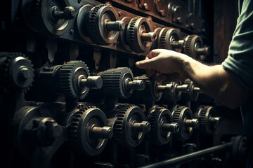Hands adjusting levers on a large industrial machine with gears symbolizing control over time, dark dramatic lighting