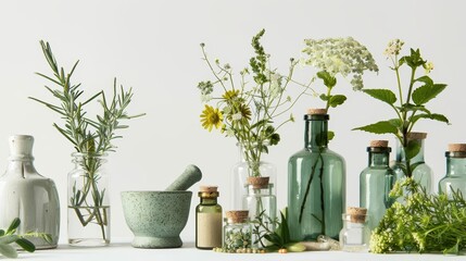 Homeopathic setup, featuring translucent glass vials with vibrant herbal extracts, variety of green medicinal herbs, a porcelain mortar and pestle against pure white backdrop. Homeopathic preparation