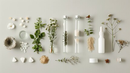 Herbal extracts in glass vials, medicinal herbs, and assorted homeopathic tools on white background. Concept of natural medicine preparation, plant therapy, homeopathic ingredients. Flat lay