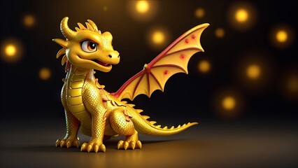 Friendly golden dragon with wings. Cheerful cartoon yellow dragon with a whimsical design. Concept of fantasy creatures, mythical beings, and playful character art. Dark bokeh background