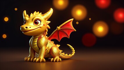 Friendly golden dragon with wings. Cheerful cartoon yellow dragon with a whimsical design. Concept of fantasy creatures, mythical beings, and playful character art. Dark bokeh backdrop