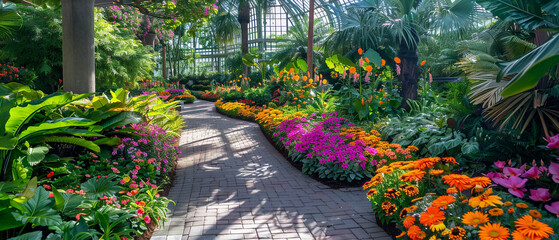 Lush botanical garden showcasing vibrant and diverse flowers blooming from around the world.