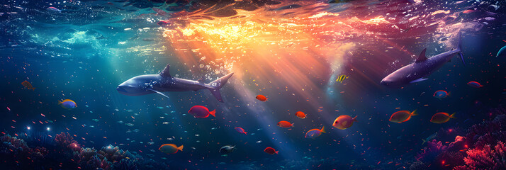 A Poster for World Oceans Day with a Rainbow Col,
Galaxy Under the Ocean Background Wallpaper
 - obrazy, fototapety, plakaty