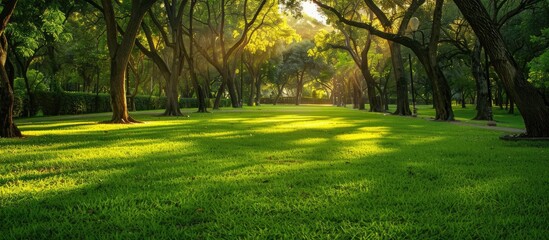 Obraz premium Park with trees and a green lawn illuminated by sunlight