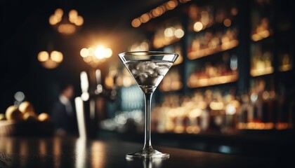 Martini on a bar with multiple reflections in the mirror behind, focus on the drink, soft blur on the surroundings.. AI generated.