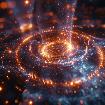 Quantum computing core, glowing with energy, intricate data streams, abstract algorithmic patterns