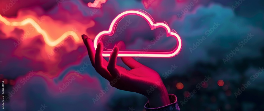 Poster a hand holding up an illuminated neon cloud symbol against a dark background, representing the conce
