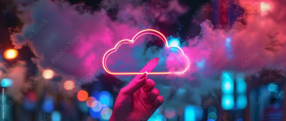 Poster a hand holding up an illuminated neon cloud symbol against a dark background, representing the conce