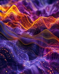Obraz premium Waves of digital sound visualized as colorful, abstract patterns rippling across a cosmic backdrop in shades of purple and gold