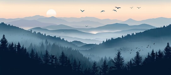 Beautiful natural landscape with trees with green foliage. You can also see mountains on the horizon and birds flying above the mountains. AI generated illustration - obrazy, fototapety, plakaty
