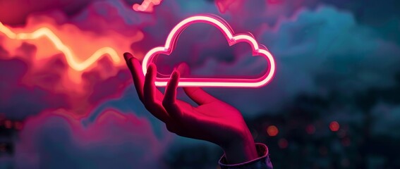 A hand holding up an illuminated neon cloud symbol against a dark background, representing the concept of cloud computing and technology in business and marketing Generative AI - obrazy, fototapety, plakaty
