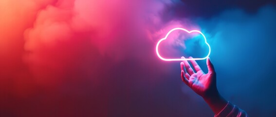 A hand holding up an illuminated neon cloud symbol against a dark background, representing the concept of data storage and cyber security in digital marketing Generative AI - obrazy, fototapety, plakaty