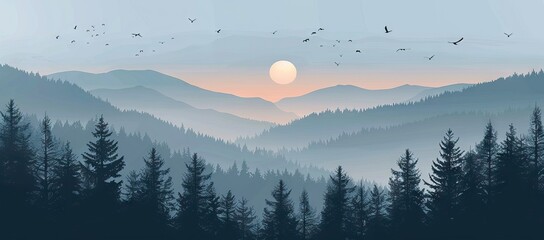 Beautiful natural landscape with trees with green foliage. You can also see mountains on the horizon and birds flying above the mountains. AI generated illustration - obrazy, fototapety, plakaty